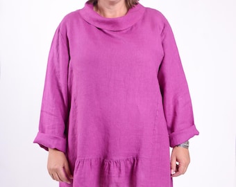 Túnica de lino extragrande Lagenlook para mujer, talla grande, manga larga, cuello vuelto, talla 16, 18, 20 y 22 (12248-1)