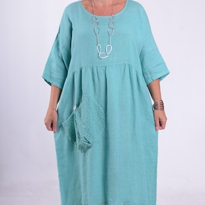 NEW!  Lagenlook Linen Dress, Quality Fabric, Made in Italy, Pockets, Boho, Prairie, Flax, *Star Seller* UK Size 16 18 20 22 24 - 21993