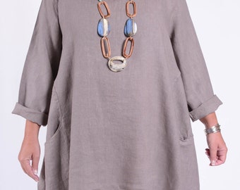 Haut tunique en lin Lagenlook, caftan, tunique pour femme, grande taille, vêtements grande taille, haut tunique en lin naturel - *Vendeur étoile* 9415 (1)