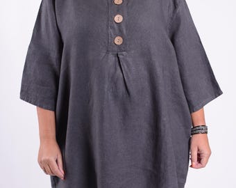 Túnica de lino Lagenlook para mujer, talla grande, holgada, con botones, *Venta estrella*, blusa de lino, top de lino, sostenible - 12551