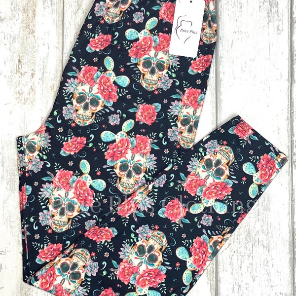 Leggings grande taille, pleine longueur, tissu super doux, taille haute, décontracté, salon, yoga, pilates, marche, déguisement, floral, têtes de mort - L16