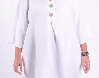 Túnica de lino Lagenlook para mujer, talla grande, holgada, con botones, *Venta estrella*, blusa de lino, top de lino, sostenible - 12551