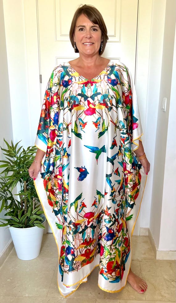Women's Plus Size Kaftan, Beach Cover, Lounge, Holiday, Long Dress, Day Dress, Oversized, Abaya, Robe  Hummingbird, Bohemian, White - HUMKAF