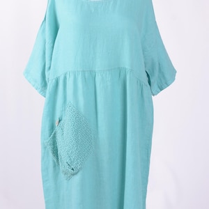 Ladies Lagenlook Linen Dress, Quality Fabric, Made in Italy, Quirky Pocket, Plus Size 52&quot; Bust UK 16 18 20 22 24 AQUA - 21993 (1)