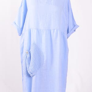 Ladies Lagenlook Linen Dress, Quality Fabric, Made in Italy, Quirky Pocket, Plus Size 52&quot; Bust UK 16 18 20 22 24 LIGHT BLUE - 21993 (1)
