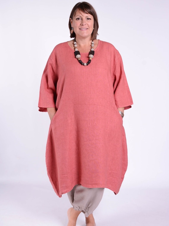 Ladies Lagenlook Linen Dress, Quality Fabric, Made in Italy, Pockets, Plus  Size 60 Bust Uk 26 28 30 32 SALMON PINK 9469 2 