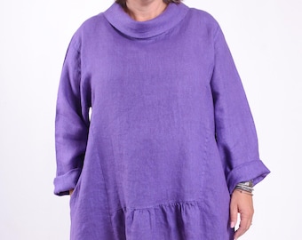 Blusa tipo túnica de lino de gran tamaño de Lagenlook, blusa de lino natural, túnica de lino para mujer, túnica de manga larga, talla 16 18 20 22 12248-1