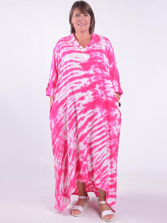 oversized tie dye shirt dress Lagenlook Plus Size Oversized Tie Dye Shirt Dress, Dress With Pockets,  *star Seller*, Lagenlook, Hi Lo Dress, Pink, Blue Mocha, - VF8007