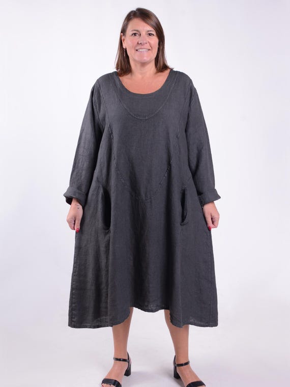 knee length dresses for ladies Plain High Low Raw Edged Ladies Slouchy Linen Baggy Dress – Yayavoo UK main image 1