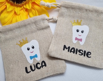 Tooth fairy bag. Personalised tooth pouch and optional glass bottle. Cotton drawstring bag.