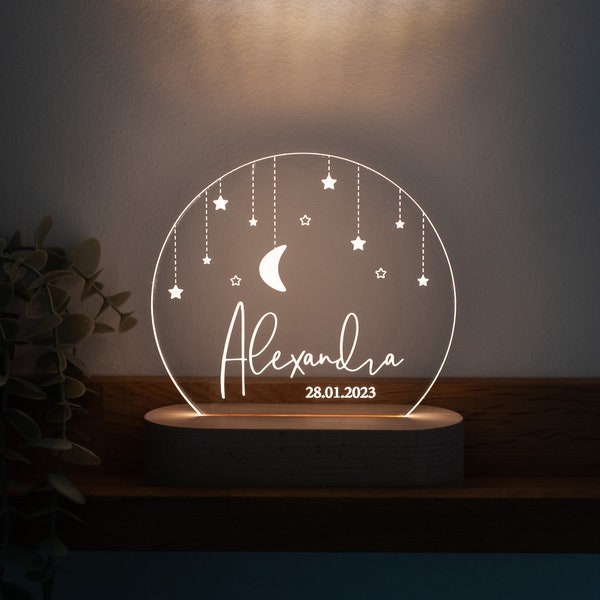 LED Dekolicht "Mond und Sterne" mit Wunschnamen, Geschenk zur Geburt oder Geburtstag, personalisiertes Nachtlicht mit süßem Motiv