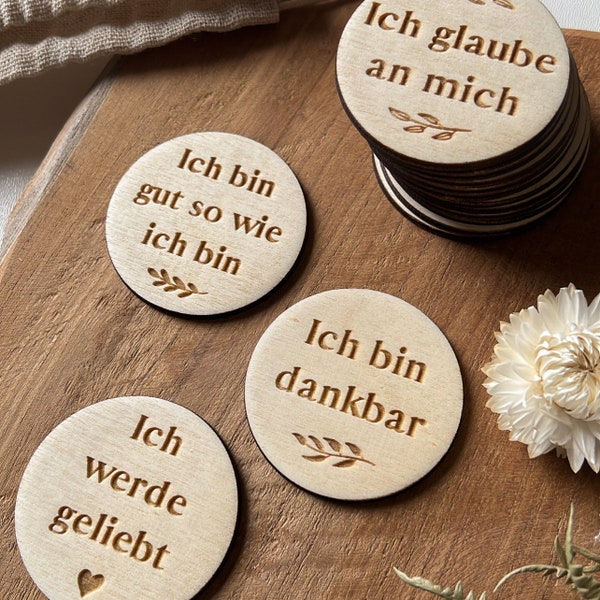 Mutmacher-Karten "Ich bin wertvoll" aus Holz, Affirmationskarten, runde Kärtchen aus Holz + Jutebeutel, kleine Geschenkidee zum Mut machen