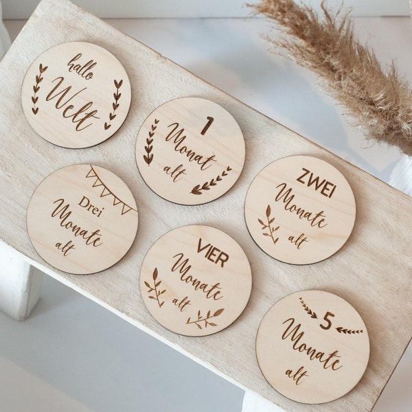 Meilensteinkarten-Set "erstes Babyjahr", runde Meilensteine aus Holz, Set + Jutebeutel, Geschenkidee zur Geburt, Babyparty