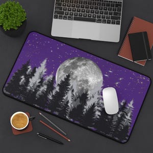 Mystical Forest Moon Desk Mat – Purple Galaxy Gaming Mouse Pad & Witchy Office Decor.