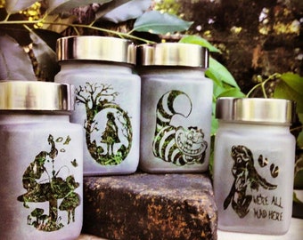 Alice in Wonderland Handmade Etched Glass Stash Jars * Decorative Storage Jars