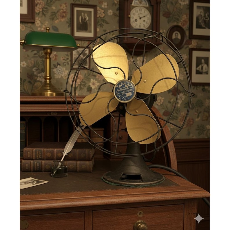 Vintage Emerson Electric Desk Fan Brass Blades Black Cage Cast Iron Base 4 Blade 画像 1