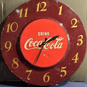 Vintage Original Art Deco Drink Coca Cola Clock 1950s Soda Sign 18”.