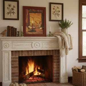 May include: A cozy fireplace scene with a roaring fire, framed by a white mantel and red brick. Decorative elements include framed floral prints, candles, books, and pumpkins. A woven basket holds logs, and a beige throw blanket rests on the mantel.