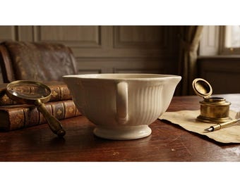 Vintage White Ironstone Gravy Boat Double Handle Fat Separator Ribbed Pedestal