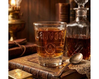 Vaso de chupito de whisky Calvert vintage con logotipo en relieve, transparente, para bar, artículo de colección.