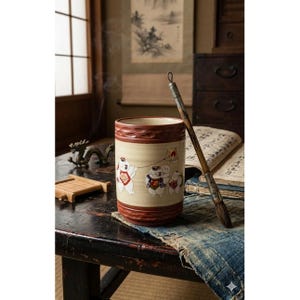 May include: A cylindrical ceramic container with a cream-colored body and a reddish-brown rim and base. The container features a decorative illustration of cartoon figures. A calligraphy brush rests against the container. The scene is set on a dark wooden table.