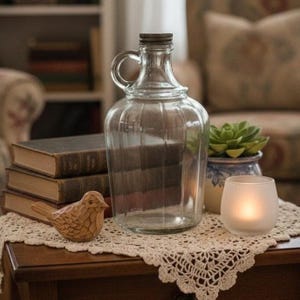 Vintage One Pint Clear Glass Jug with Finger Loop Handle and Ribbed Design