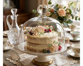 Cúpula de cristal transparente para pasteles con asa de bola, soplada a mano.