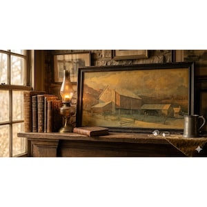 May include: A rustic scene featuring a framed landscape painting of a barn, a lit oil lamp, and a stack of antique books on a wooden shelf. A metal mug and eyeglasses are also present, creating a vintage aesthetic.