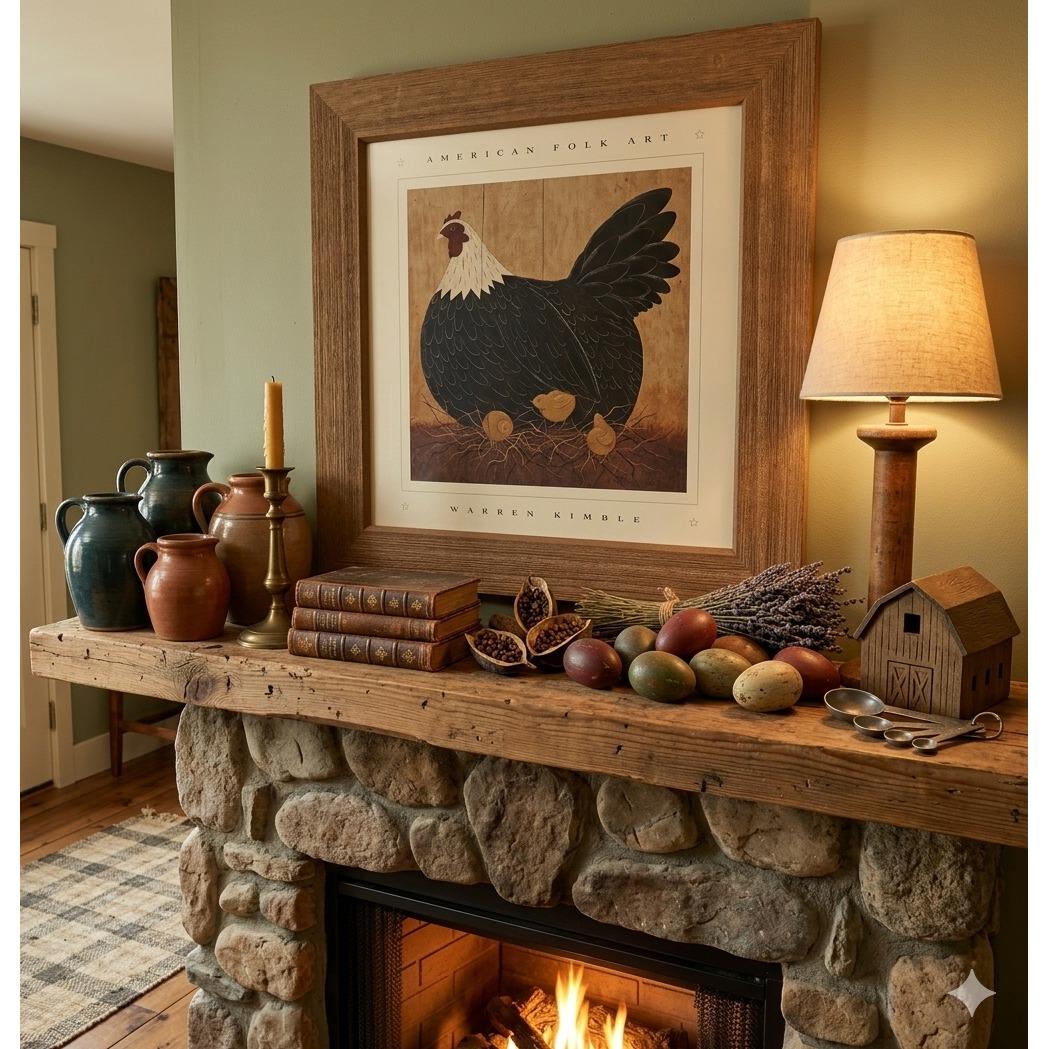 Warren Kimble アメリカンフォークアート Warren Kimble American Folk Art Framed Print Hen and Chicks