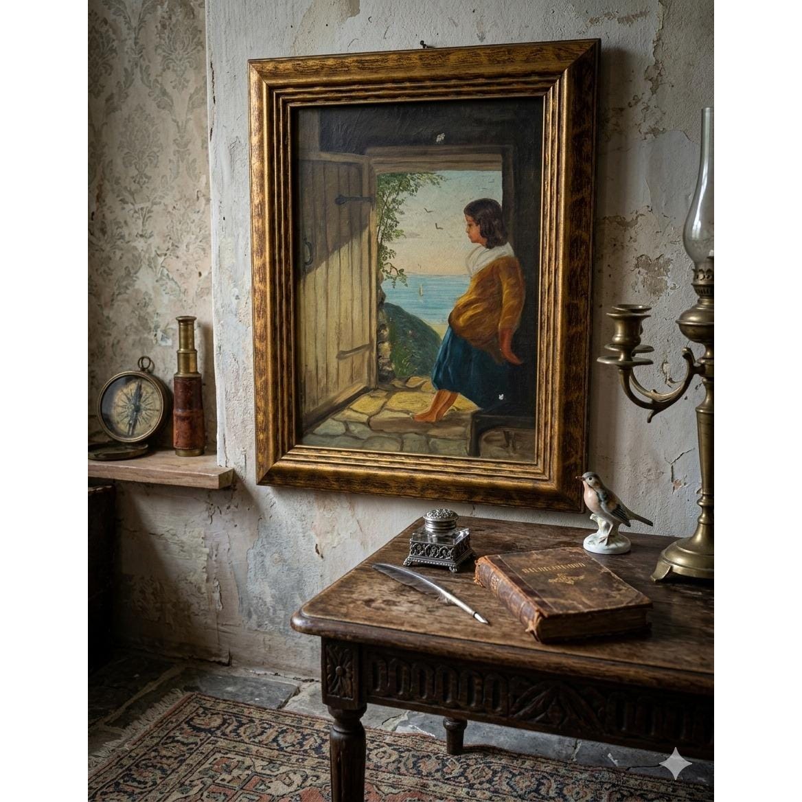 Antique Oil on Canvas Painting of a Woman in a Ornate Gold-toned Wooden ...