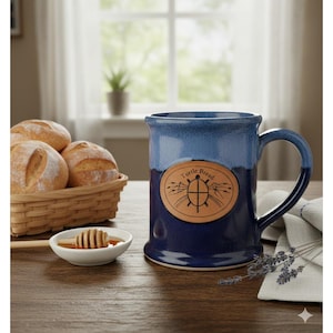 Op de afbeelding: Een blauwe keramische mok met een handvat, met een bruin ovaal met de woorden "Turtle Bread" en een schildpadontwerp. De mok staat op een houten tafel, met een broodmand, een kleine kom honing en een honingdipper.