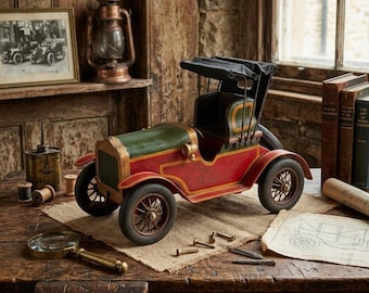 Könnte beinhalten: Ein Spielzeugautomodell im Vintage-Stil mit roter Karosserie, grünen Akzenten, schwarzem Stoffdach und Speichenrädern. Das Auto verfügt über ein klassisches offenes Design, goldfarbene Verzierungen und ein detailliertes Armaturenbrett.
