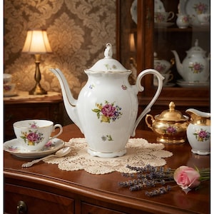 May include: A white porcelain teapot featuring a delicate floral pattern with pink and yellow roses, accented by gold trim on the handle, spout, and lid. The teapot has a scalloped base and a matching lid with a decorative finial handle.