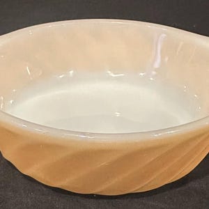 vintage anchor hocking, fire king, king copper peach luster swirl casserole dish