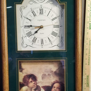 Vintage 1990's Ingrahm Quartz Clock, Wood, Shadow Glass, Angel