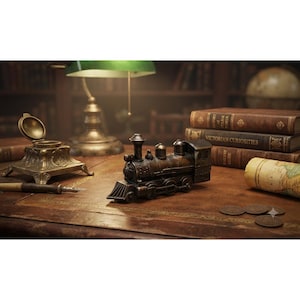May include: A miniature bronze-toned steam locomotive figurine featuring a detailed boiler, smokestack, and wheels. The train model is positioned on a desk surface alongside an open inkwell, a fountain pen, stacked books, and a rolled map.