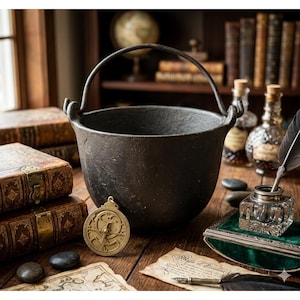 Pode incluir: Um caldeirão preto de ferro fundido com uma alça, em uma mesa de madeira. Um astrolábio dourado, tinteiro e pena estão por perto. Livros e garrafas ao fundo, criando uma estética vintage.