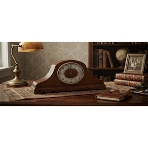 May include: A wooden mantel clock with an arched top and a round white face featuring black Arabic numerals. The clock has a gold-toned bezel and dark hands. It sits on a patterned fabric runner on a desk, positioned near a brass desk lamp.