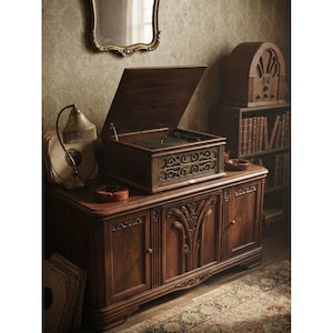 May include: A dark brown wooden record player with an open lid sits atop a matching wooden cabinet featuring carved details. The record player has a front-facing speaker grille with an intricate cutout pattern and a visible turntable inside.