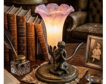 Vintage Praying Child Accent Lamp Purple Lily Glass Shade Bronze Tone Base