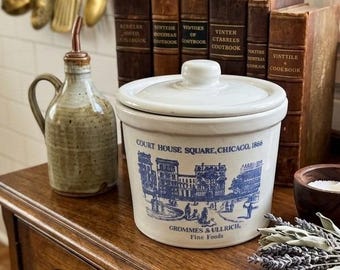 Grommes & Ullrich Fine Foods Chicago 1866 Ceramic Crock with Lid Blue White