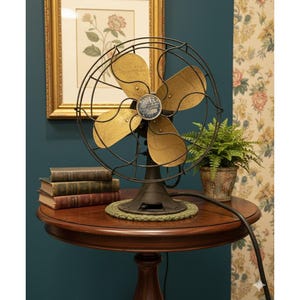 Vintage Emerson Electric Desk Fan Brass Blades Black Cage Cast Iron Base 4 Blade 画像 2