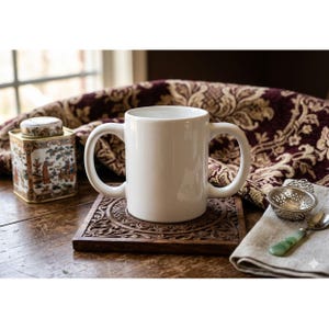 White Ceramic Two Handle Mug Double Handled Coffee Cup Stability Assistive Tea