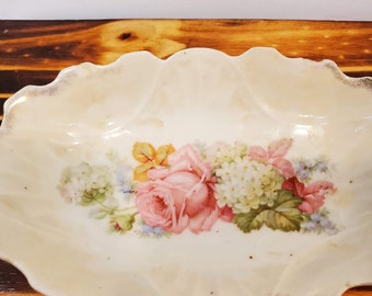 Antique Prussia porcelain China hand painted floral oval bowl