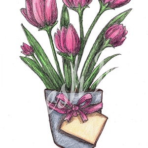 Tulipes printanières avec étiquette - téléchargement numérique, dessinés à la main, conception par sublimation, oeuvres d'art imprimables, fichier numérique. Cadeau de Pâques, art de carte de voeux