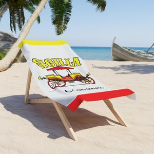 Sicilian Cart Beach Towel, Personalized Sicilia Trinacria Pool Party Essential, Summer Vibes Travel Gift, Sicilian Beach Towel