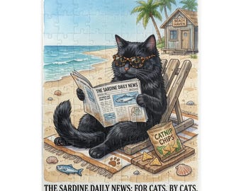 Cat Reading Newspaper on Beach Scene Puzzle | Funny Cat Daily News Illustration Jigsaw 110-520pc | Sardine Catnip Chips