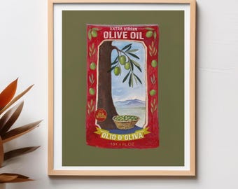 Póster de cocina vintage sobre aceite de oliva: lámina de arte italiano