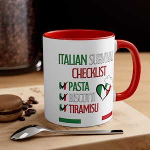 Tazza con lista di controllo per la sopravvivenza italiana: tazza da caffè divertente, regalo per italiani