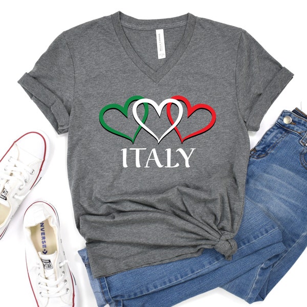 T-shirt italien T-shirt coeur Italie, T-shirt unisexe en jersey à manches courtes et col en V, Cadeau pour elle, Cadeau pour l'italien